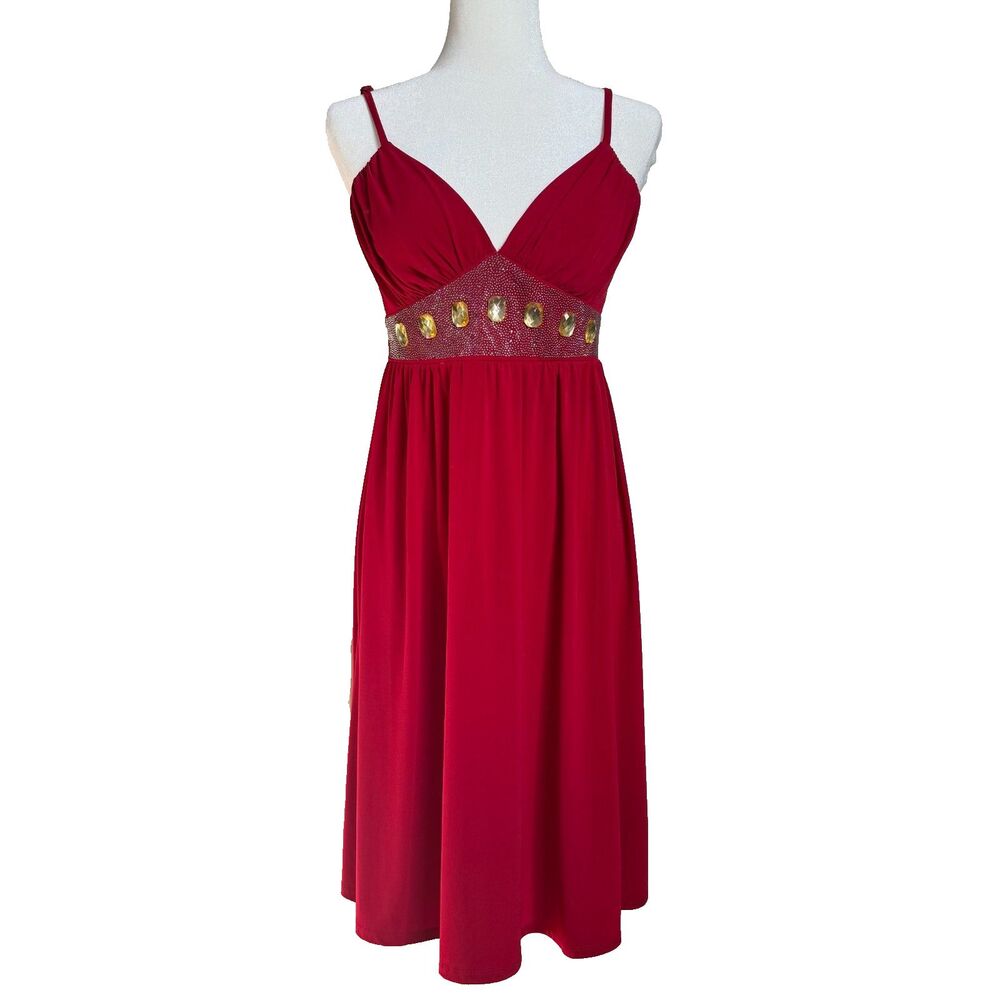 Vtg Y2K Red Babydoll Midi Dress Womens 8 Strappy Rhinestones Party Cocktail